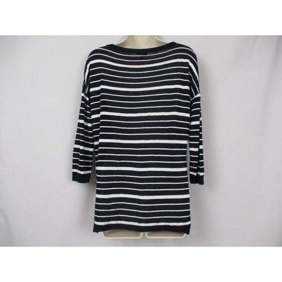 Talbots Linen Blend Sweater Womens Medium Striped Navy Blue White Nautical Light - Picture 6 of 14